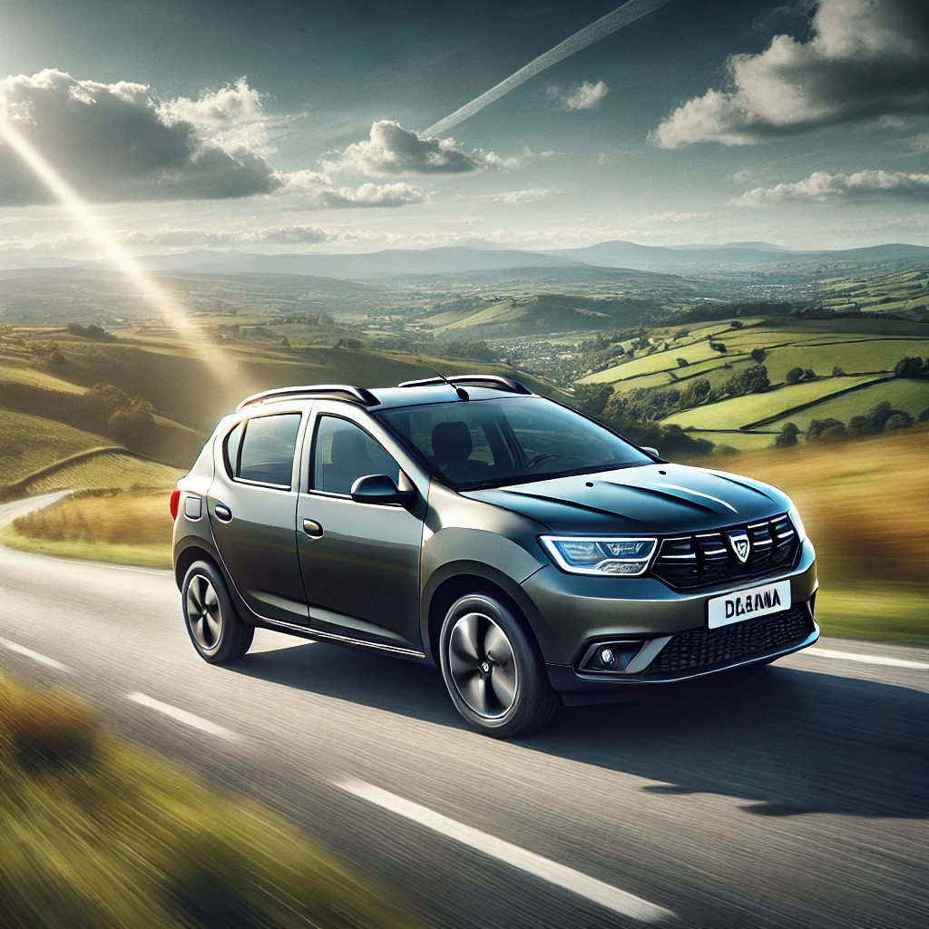 Ein gebrauchter Dacia Sandero fährt über eine malerische Landstraße mit grünen Hügeln im Hintergrund.