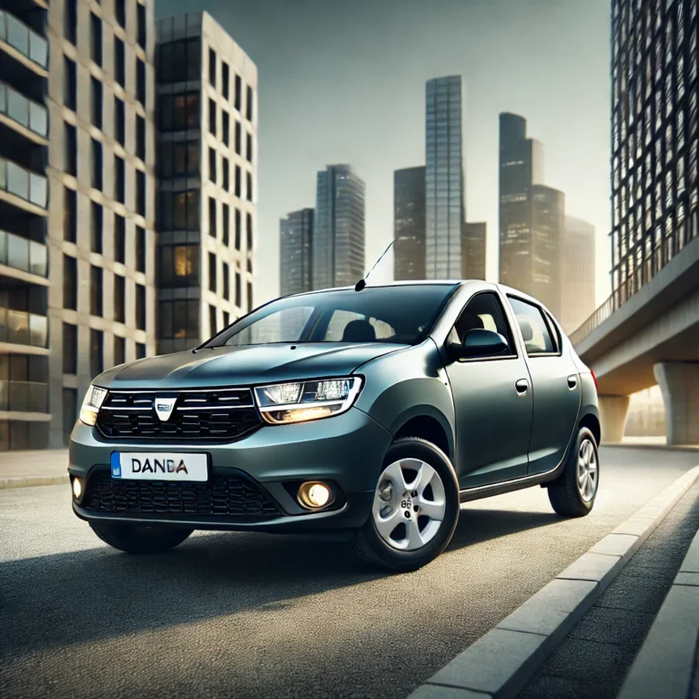 Ein gebrauchter Dacia Sandero, geparkt in einer modernen Stadtumgebung mit stilvollem Design und kompakten Abmessungen.